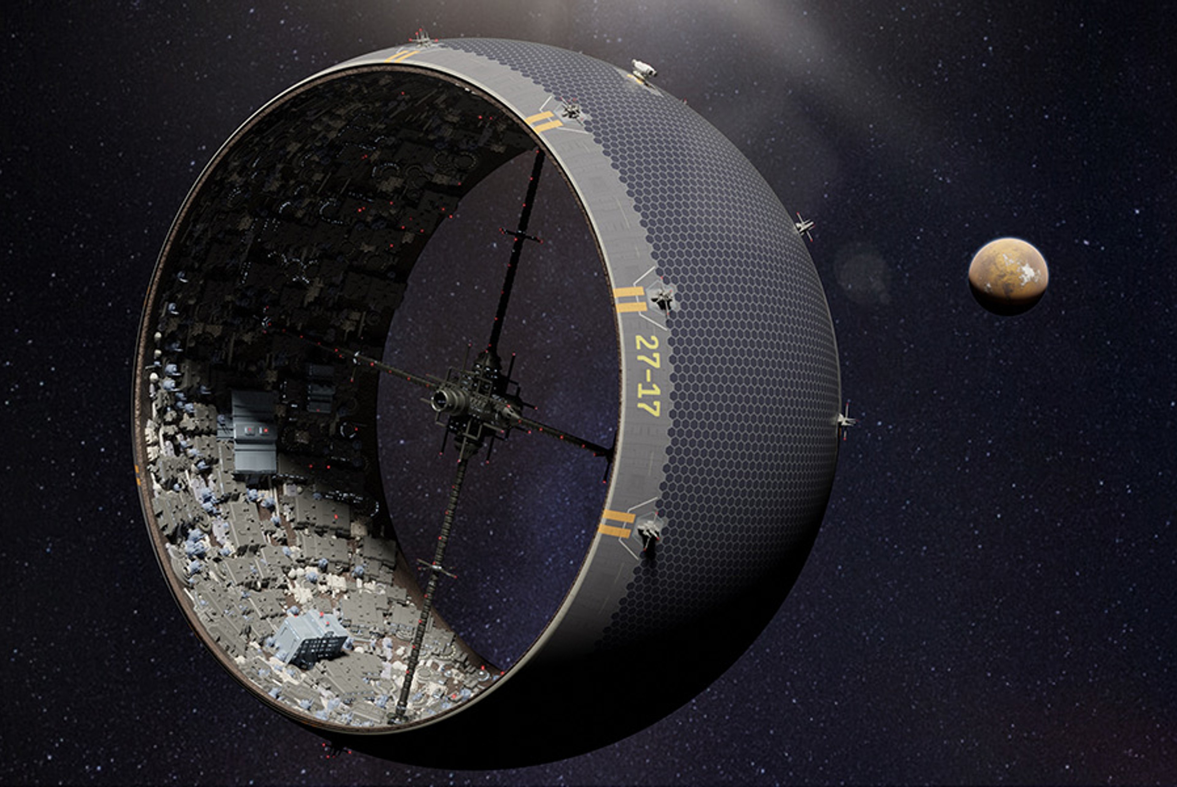 Imagine a space habitat placed inside a giant mesh bag covering the entire asteroid