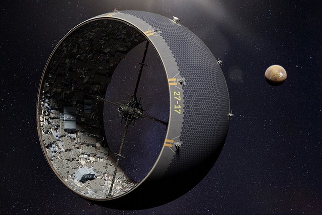 Imagine a space habitat placed inside a giant mesh bag covering the entire asteroid